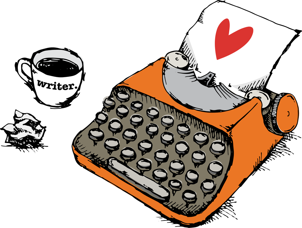 Typewriter with paper with a heart on it, coffee cup that says writer, and crumpled up piece of paper.